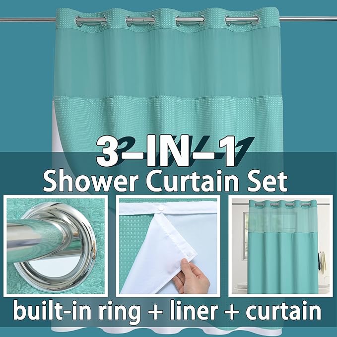 Conbo Mio No Hook Green Waffle Weave Shower Curtain with Snap in Liner Set, Hotel Luxury Shower Curtains for Bathroom with See Through Top Window, Waterproof, Washable 71W x 74H