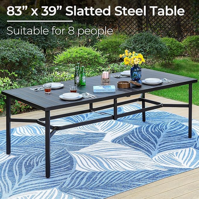 PHI VILLA 9 Pieces Outdoor Dining Set for 8, Rectangle Large Metal IronTable with Umbrella Hole & Cushioned Wicker Chairs, Large Dining Furniture for Patio, Deck, Yard, Porch