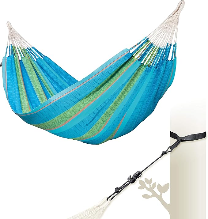 LA SIESTA Flora Classic Cotton Hammock with TreeMount & Straps - Extra Large Patio Hammock, Indoor/Outdoor, 2 Person - King, Curacao