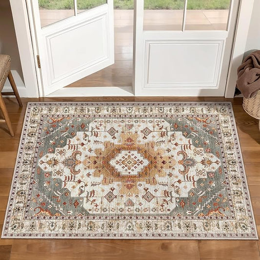 Tangsoo Vintage Rug 2x3 Washable for Entryway, Non Slip Small Area Rug, Indoor Front Door, Print Distressed Turmeric Door Mat Carpet, Soft Low Pile Rugs for Entrance Kitchen Bedroom Bathroom