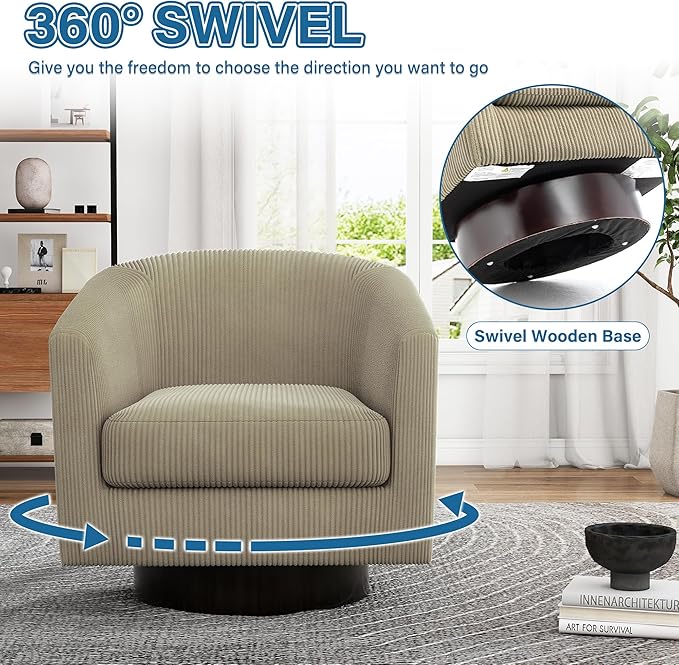 UIXE Swivel Accent Chair, Upholstered Corduroy Barrel Chair for Living Room, Small Single Sofa Bedroom Reading Seat, Camel