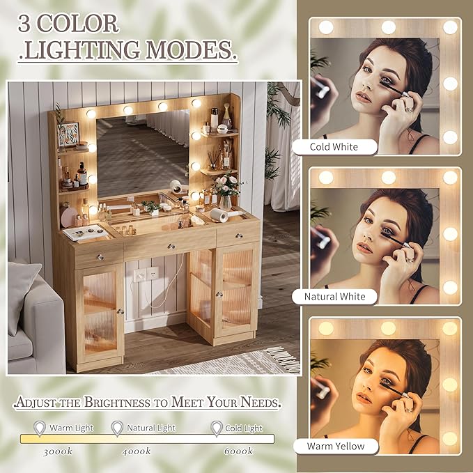 Makeup Vanity with Glass Top, Oak Vanity Desk with Mirror and Lights, Big Vanity with Drawers & Cabinets for Bedroom, Cute Vanity with Crystal Knobs & Power Outlet for Women, Girls