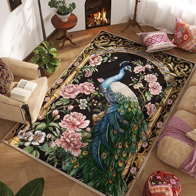 Living Room Rug 5x7 Rug Machine Washable Floral Peacock Area Rug Non Slip Floral Animal Vintage Low Pile Large Rugs for Living Room, Bedroom, Farmhouse, Dining Room, Kids Playroom (Black)