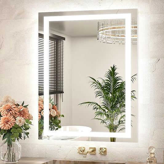 TETOTE LED Bathroom Mirror 24 x 32 Brighter Front and Backlit LED Bathroom Vanity Mirror with Lights, Frameless Lighted Anti Fog Wall Mounted Mirror, 3-Color Dimmable, Tempered Glass, Waterproof
