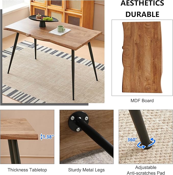 47-Inch Rectangular Dining Table Set for 4, 5 Pieces Kitchen Table Set with 4 Seater Dining Chairs Upholsetered Boucle Room Chairs Curved Rattan Backrest for Kitchen Apartment Restaurant