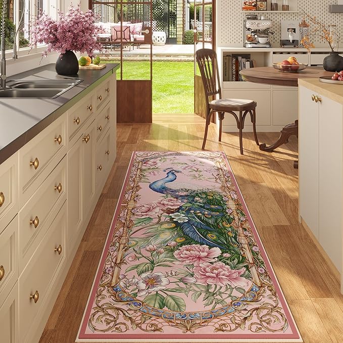 Round Rug 4ft Washable Circle Rug Non Slip Low Pile Floral Peacock Animal Small Circular Rug for Bedroom, Bathroom, Entryway, Kids Room, Office, College Dorm (Pink)