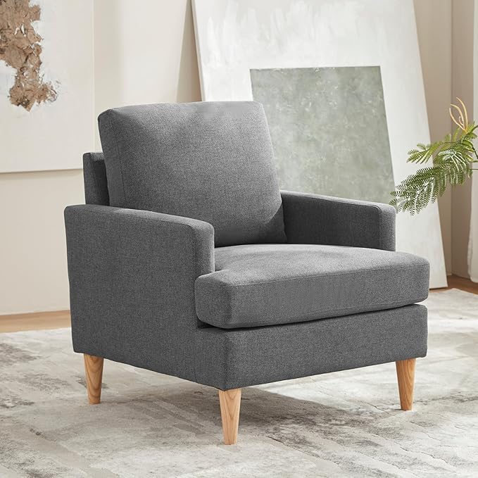 VKNOW Mid-Century Accent Chair, Modern Upholstered Chenille Armchair for Living Room,Comfy Reading Accent Chairs with Wood Legs for Bedroom, Dark Grey Polyester