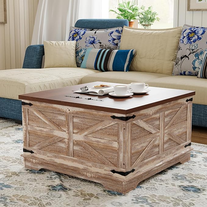 Farmhouse Coffee Table, Heavy-Duty Coffee Table with Storage, Square Wood Center Table Set for Living Room with Pull Up Large Hidden Storage Compartment,Rustic Brown