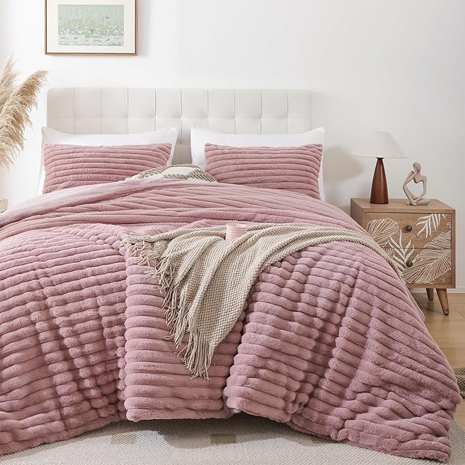 Smoofy Fluffy Full Size Comforter Sets 3 Pieces - Old Pink Fleece Fluffy Comforter Set, Luxury Fuzzy Full Bed Set, Soft Comforter Full Size All Season, Heavy Faux Fur Comforter with 2 Pillow Cases
