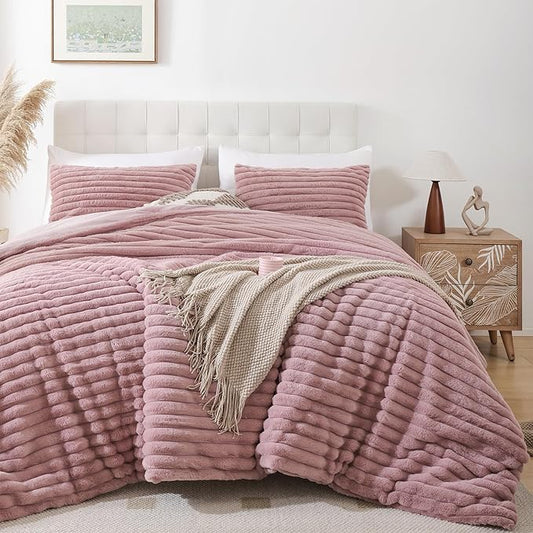 Smoofy Fluffy Queen Comforter Set 3 Pieces - Old Pink Fleece Fluffy Comforter Set, Luxury Fuzzy Queen Bedding Set, Soft Warm Bed Set All Season, Heavy Faux Fur Comforter with 2 Pillow Cases