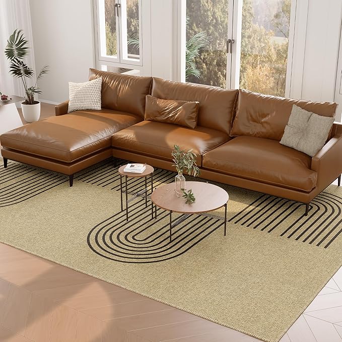 Easy Jute Area Rug 8x10, Large Living Room Washable Rug Indoor Outdoor Patio 8x10 Carpet, Farmhouse Rainbow Pattern Throw Non Slip Black Carpet for Backyard Dining Room, Light Brown/Black