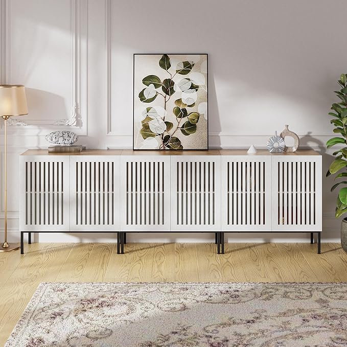 Farmhouse TV Stand for TVs up to 95 inch, 3 in 1 Entertainment Center TV Console with Storage Cabinets and Metal Base,Media Console for Living Room, Antique White