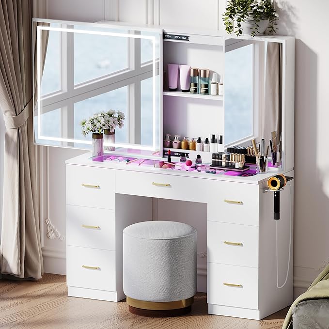Vanity Desk with Lighted Mirror, Charging Station and Hairdryer Holder, Glass Top Makeup Vanity with Adjustable LED Lights, White Vanity Table with Sliding Mirror & Hidden Storage (No Stool)