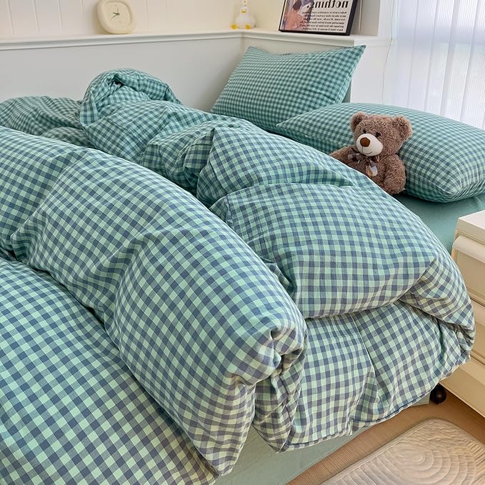 mixinni Dark Green Gingham Comforter Set Queen, Plaid Comforter Set 3 Pieces 1 Teal Grid Comfoter with 2 Pillow Cases for All Seasons, Soft Fluffy Modern Grid Pattern Printed Bedding-Queen Size