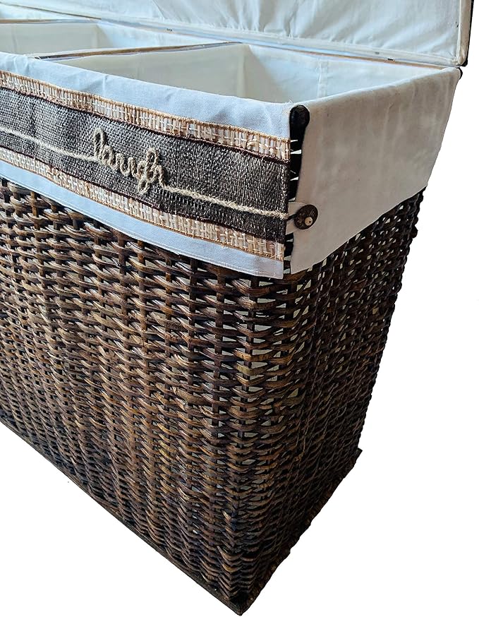Handcrafted Wicker Oversized 3 Section Divided Laundry Hamper Sorter and Organizer Handwoven Rattan Basket with Lid, Cloth Liner and Coconut Buttons, Jute Rope, and Raffia Weave Accent