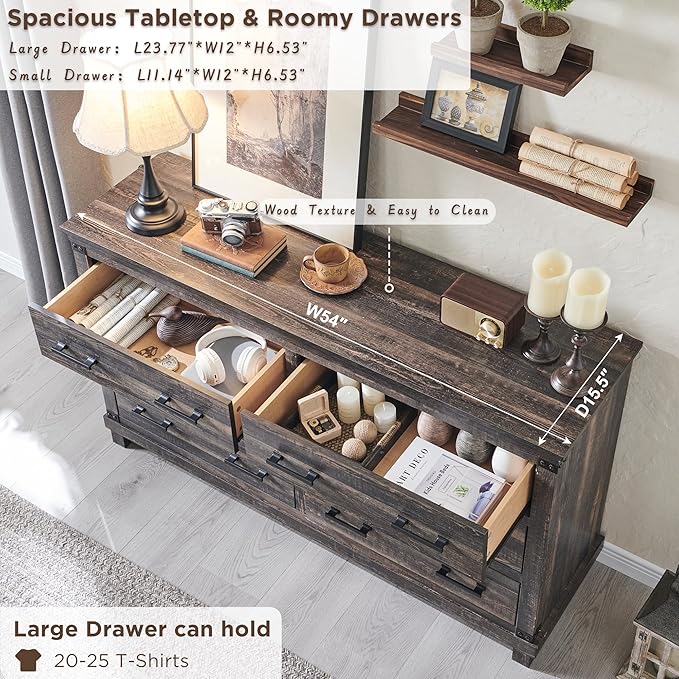 Farmhouse 7 Drawers Dresser for Bedroom, Wood Large Chest of Drawers with Thick Plank Styling, Rustic Closet Dresser for Bedroom, Living Room, Dark Rustic Oak