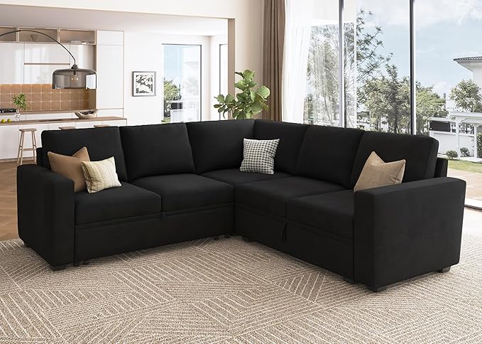 HONBAY Sectional Sleeper Sofa with Pull Out Bed, Velvet L Shaped Couch with Storage Seat, Modular Sectional Couches for Living Room, Black