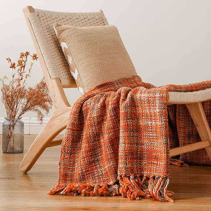 BATTILO HOME Rust Orange Throw Blanket for Couch, Bed, Boho Colorful Throw Blanket with Tassels, Halloween Decor, Fall Throw Blankets for Home Decor, 50"x60"