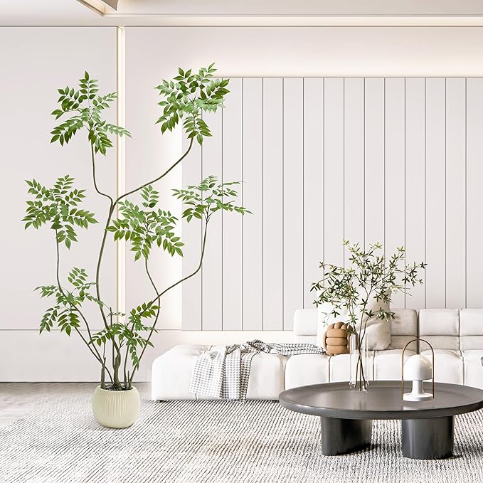 Artificial Sumac Tree：6FT Faux Mahonia Fortunei Tree Realistic Fake Floor Plant Silk Leaves & Elegant Branches in Pot Fake Plant for Minimalist Decor Indoor Home Sala Office Hotel Patio Studio