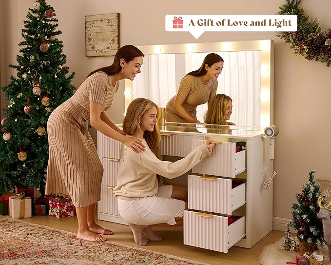 AMERLIFE 47.2" Fluted Vanity Desk with Large Mirror and Adjustable LED Lights, 7 Drawers Makeup Table with Glass Top and Charging Station for Women and Girls, Bedroom or Dorm, White