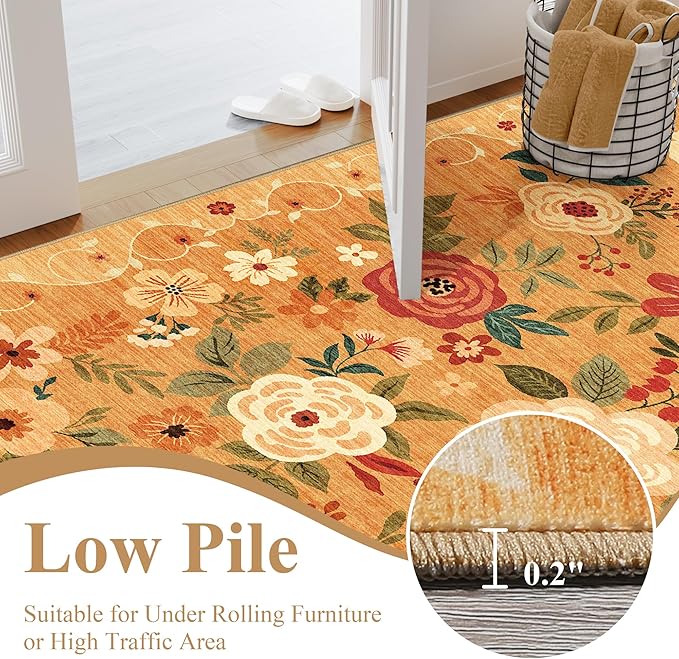DUKINO 6x9 Area Rug, Floral Rugs for Living Room, Lightweight Non Slip Washable Rug, Indoor Low Pile & Non-Shedding Boho Design Rugs for Bedroom, Living Room, Dining Room, Orange