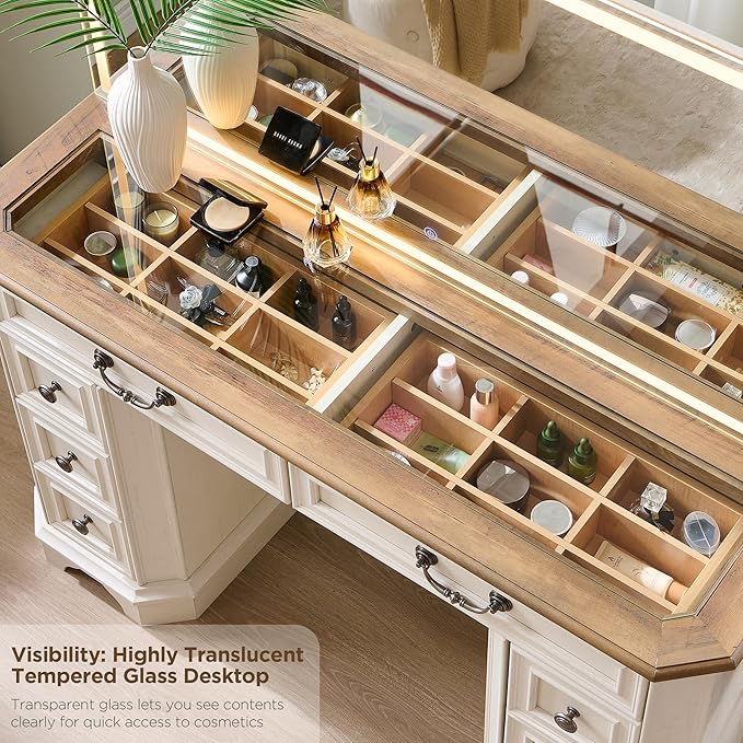 Makeup Vanity Desk with 48" HD Lighted Mirror, Farmhouse Vanity Desk with 8 Drawers, Vanity Table with 3 Color Modes, Dressing Table with Glass Top and Power for Bedroom (Antique White)