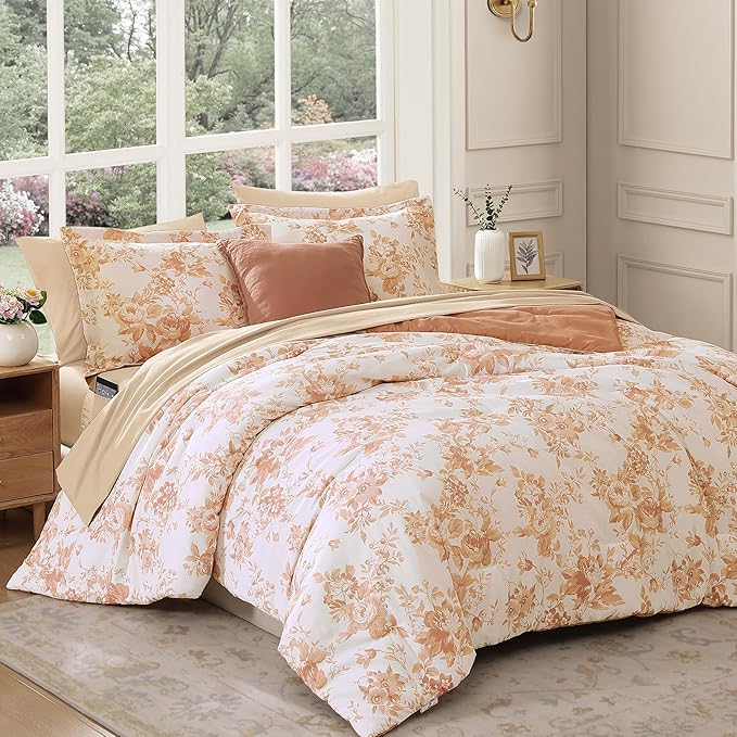Full Comforter Set -7 Pieces Autumn Leaf Floral Comforter Set for All Seasons, Bed in a Bag Full with Botanical Flowers Comforter, Sheets, Pillowcases & Shams