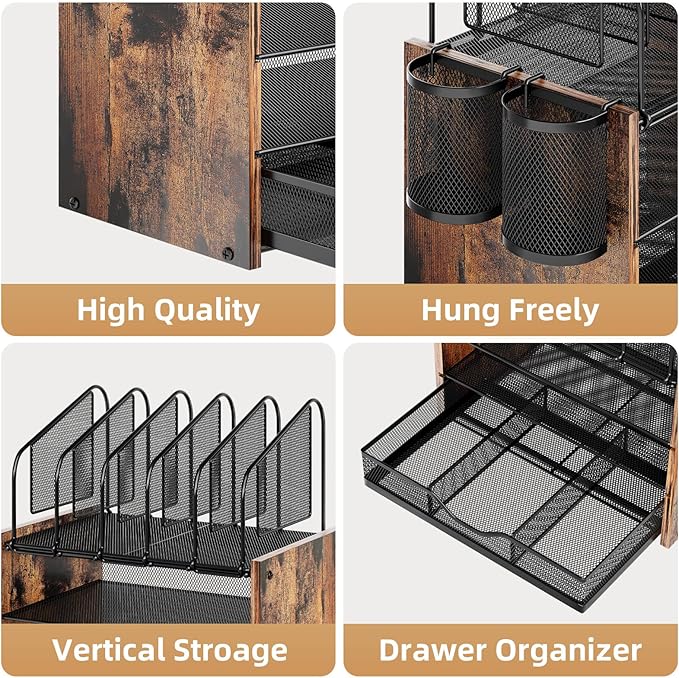 Marbrasse Desk organizer with Drawer, 4-Tier Wooden File Organizer with 5 Vertical File Holders and 2 Pen Holders, Desk Organizers and Accessories for Home Office - Dark Brown