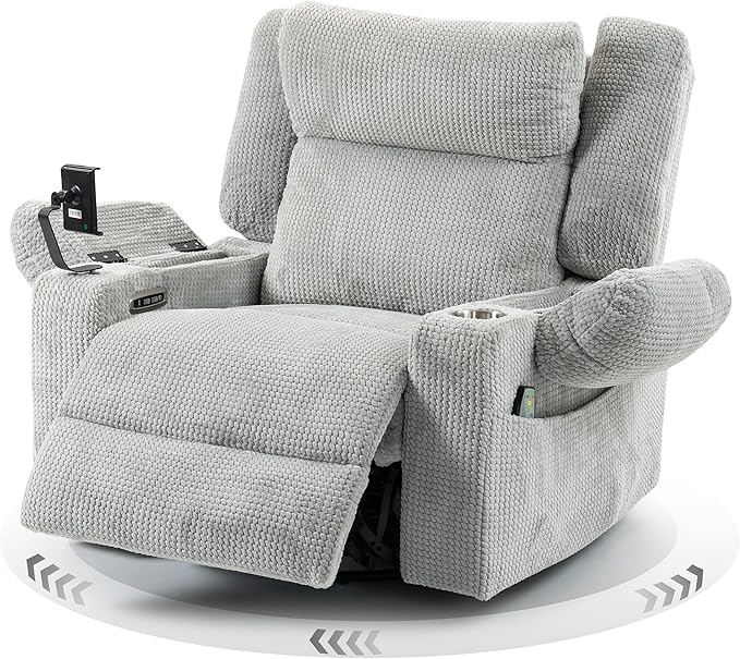 Dual Motor Power Oversized Swivel Rocker Recliner Chair with Adjustable Headrest for Adults, Glider Rocking Chairs with Vibration and Heat, USB Type C, Armrest Storage, Cup Holder, Light Gray