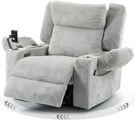 Dual Motor Power Oversized Swivel Rocker Recliner Chair with Adjustable Headrest for Adults, Glider Rocking Chairs with Vibration and Heat, USB Type C, Armrest Storage, Cup Holder, Light Gray