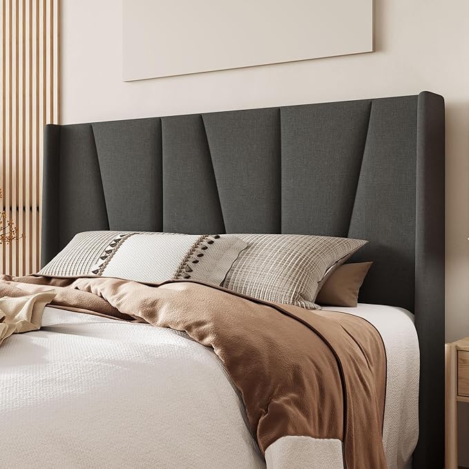 Allewie Full Size Platform Bed Frame with Geometric Wingback Headboard, Modern Upholstered Bed with Wooden Slats Support, No Box Spring Needed, Easy Assembly, Dark Grey