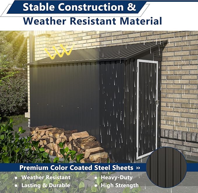 Shed Lean to Storage Shed, Outdoor 4' x 8' Metal Wall Side Storage Sheds & Outdoor Storage, Garden Storage Cabinet for Backayrd, Patio and Outdoor Use,Black