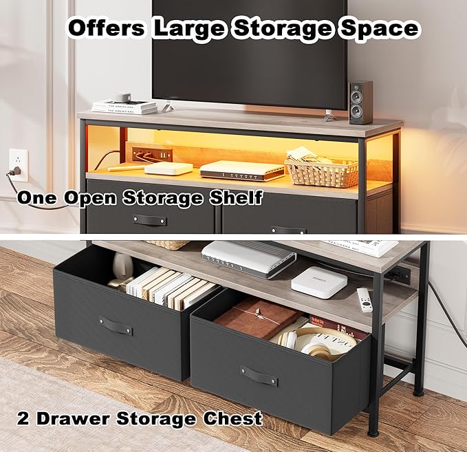 39" Dresser TV Stand for TVs up to 50", Media Console with LED Lights, Charging Station & 2 Drawer Storage Chest, Gaming Entertainment Center with Storage for Bedroom (Grey, 39 in)