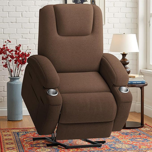 Power Lift Recliner Chair with Massage Electric Lift Chair for Elderly, Ergonomic Recliner with Cup Holders & Side Pockets, Modern Single Sofa for Living Room (Fabric, Brown)