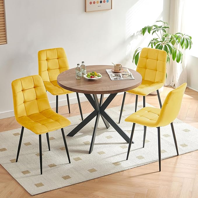 5-Piece Round Dining Table Set - Kitchen Table Chairs Set of 4 with Yellow Velvet Upholstered Chairs -Dining Table Set for 4
