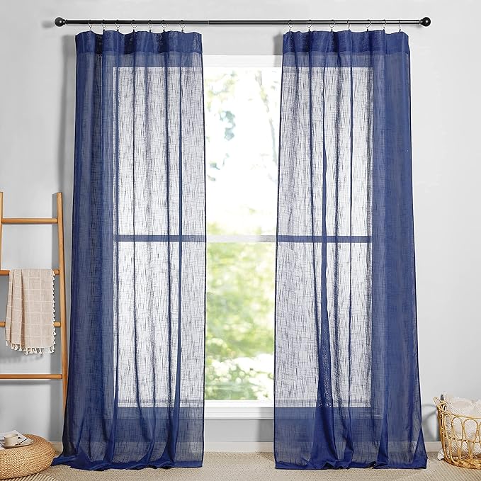 RYB HOME Semi Sheer Curtains - Linen Textured Sheer Light Glare Filter Extra Long Curtains Backdrop for Living Room Patio Door French Door Wall Decor, Navy Blue, 52 x 120 in per Panel, 1 Pair