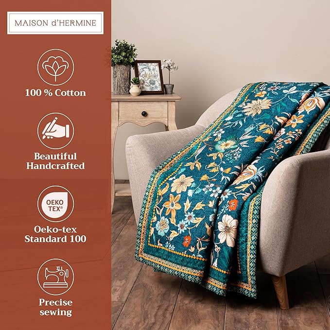 Maison d' Hermine Throw Blanket for Couch Lightweight Soft Warm Breathable Cotton Throw Blankets for Bed Girls Boys Women Men Sofa Travel Living Room Chair Bedding (50"x60", Luxury Loft - Dark Teal)