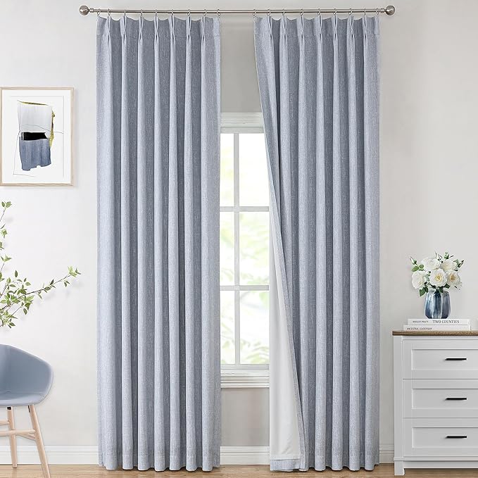 Vision Home Chambray Blue Pinch Pleated Full Blackout Curtains Room Darkening Window Curtains for Living Room Bedroom Thermal Insulated Pinch Pleat Blue Drapes with Hooks Back Tab 2 Panel 40" Wx108 L