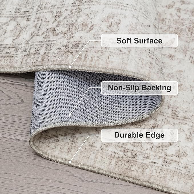 FMFUNCTEX 3x5 Washable Area Rug Beige Vintage Neutral Non Slip Low Pile Traditional Retro Indoor Carpet for Entryway Entrance Soft Floral Throw Rug Living Room Bedroom Kitchen Dining Office Laundry