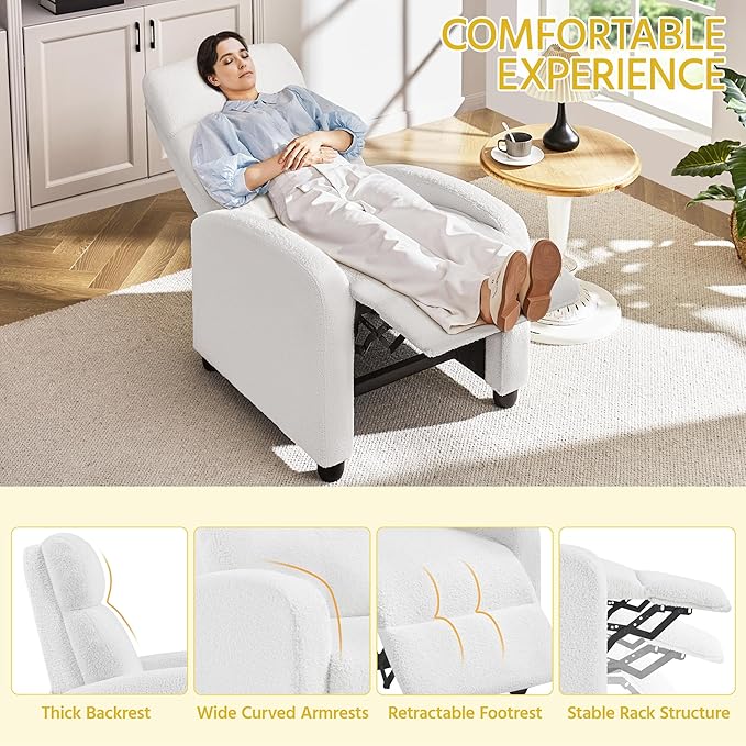 Yaheetech Boucle Recliner Chair Single Sofa Home Theater Seating Adjustable Modern Single Reclining Chair for Living Room Bedroom Home Theater White