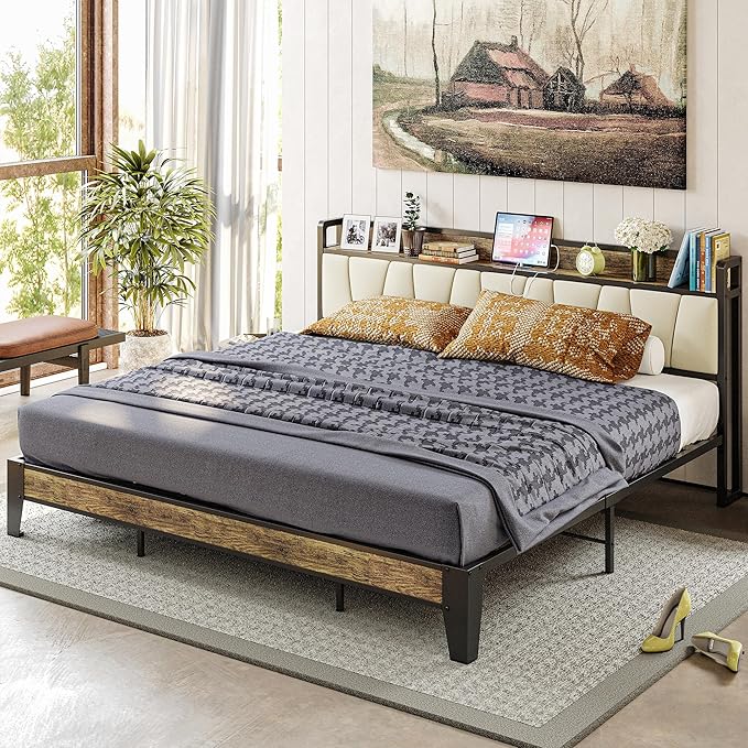 LIKIMIO King Bed Frame, Storage Headboard with Charging Station, Solid and Stable, Noise Free, No Box Spring Needed, Easy Assembly (Walnut and Beige)