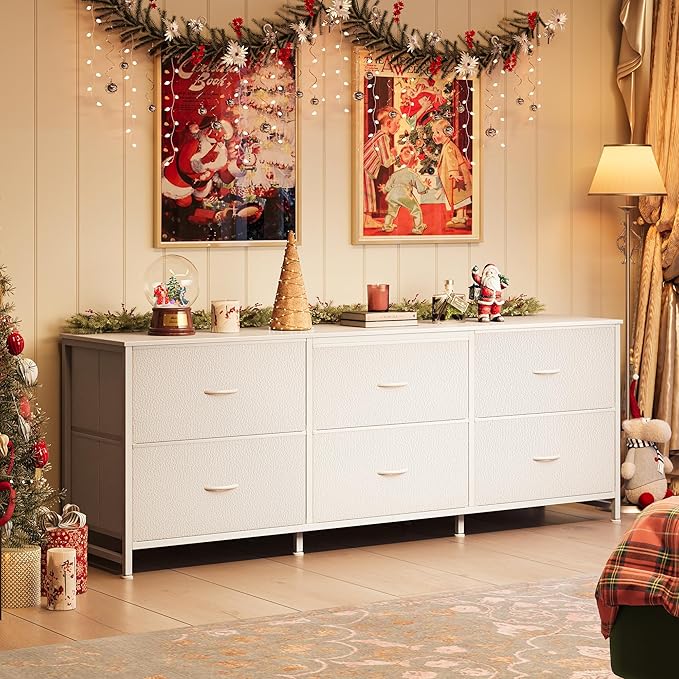 Huuger 63 Inch Long Dresser for Bedroom, Wide TV Stand for 55, 65, 70 Inch TV, 6 Drawer Dresser for Closet with Fabric Drawers, Storage Organizer for Bedroom, Entryway, PU Leather, White