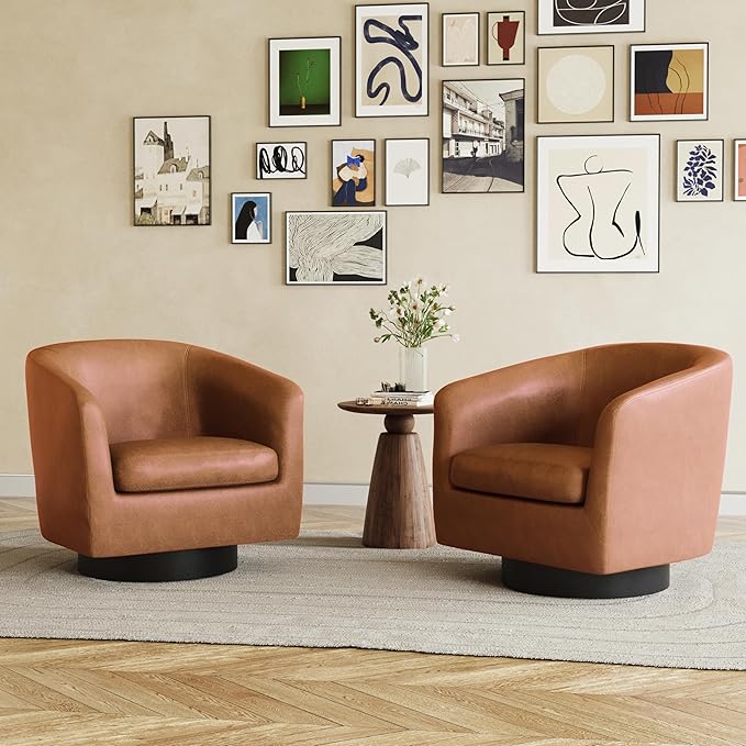 UIXE 360° Swivel Barrel Accent Chair Armchair, PU Leather Round Club Arm Chair for Lving Room, Modern Upholstered Small Bedroom Single Sofa Seat - Brown, Set of 2