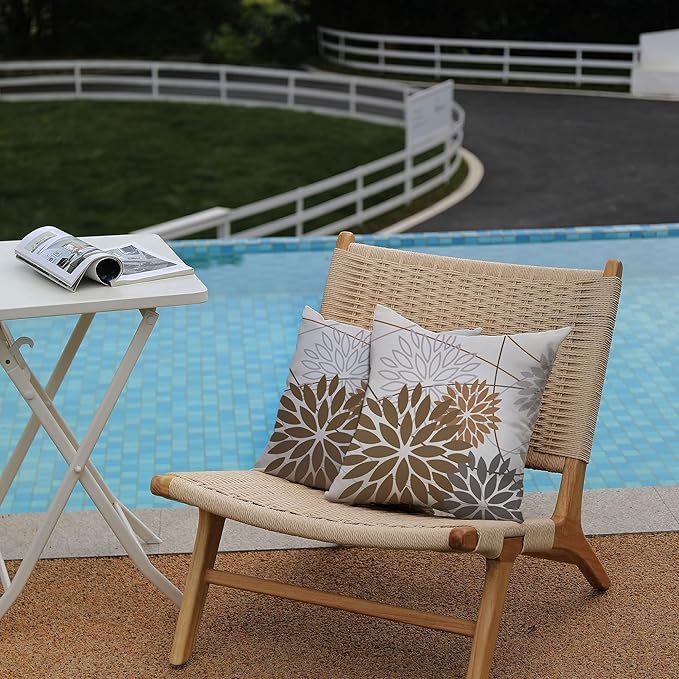 Brown Grey Outdoor Pillow Cover 20X20 Inch Set of 2 Outdoor Waterproof Summer Floral Brown Decorative Pillow case Decor for Couch Patio Funiture Garden Print Polyester Cushion Cover 01E20