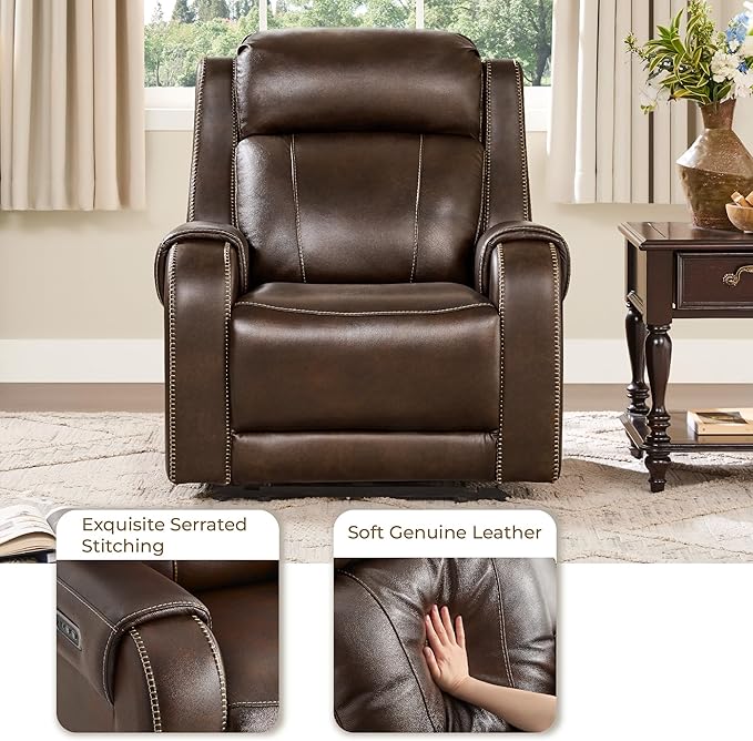 CHITA Genuine Leather Power Recliner Chair for Adults, Electric Wall Hugger Recliner with Adjustable Power Headrest & USB/Type-C Ports, Compact for Small Spaces & Living Rooms, Dark Brown