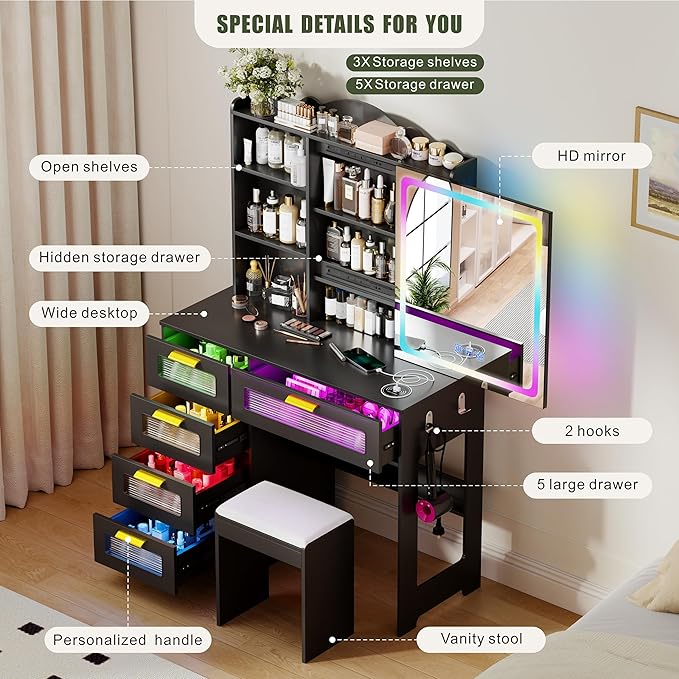 Vanity Desk with Sliding Vanity Mirror and RGB Lights,Makeup Vanity Desk with Charging Station,LED Vanity Table with Hidden Storage,Dressing Table Set with Stool&5 Drawers for Bedroom,Black