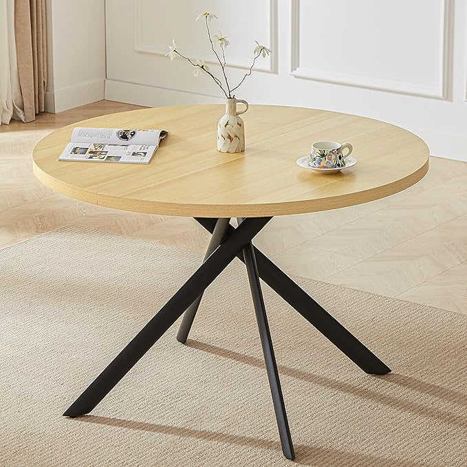 45.3 Inch Modern Round Dining Table for 4, Space-Saving Dinette with Carbon Steel Legs for Home Kitchen Apartment(Cream Table)