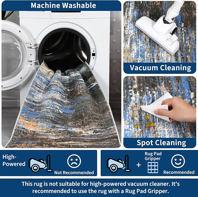 Washable Runner Rug 2x6 Modern Abstract Kitchen Rugs, Non Slip Bathroom Rug, Low Pile Laundry Room Soft Long Carpet for Hallway Bedroom Entryway, Blue/Brown