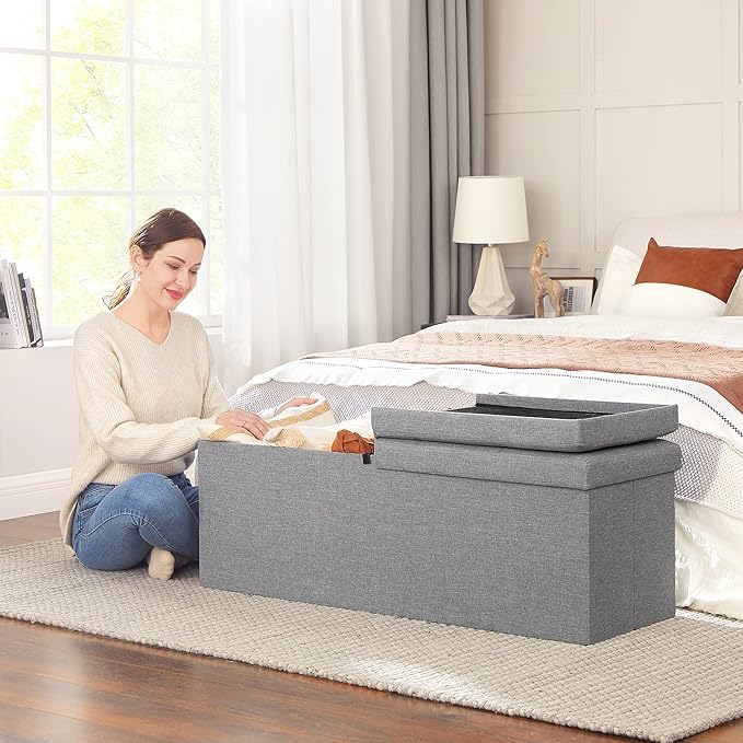 SONGMICS MAZIE Collection - 43 Inches Storage Ottoman, Foldable Storage Bench with Flipping Lid, 660 lb Load Capacity, for Entryway, Living Room, Bedroom, Light Gray ULSF71G