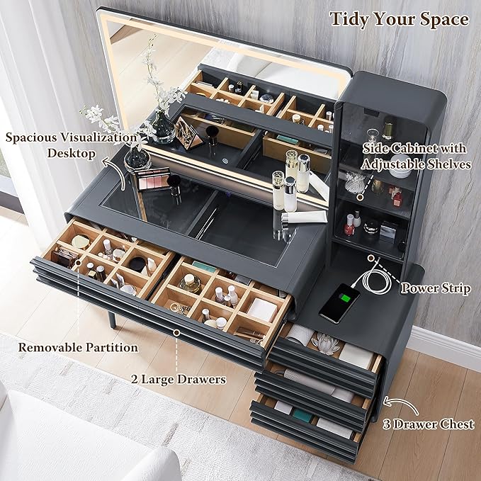 Fluted Makeup Vanity Desk with Large 35" HD Lighted Mirror, 48" Mid Century Modern Glass Top Vanity Table with 5 Drawers & Adjustable Shelf, Dressing Table w/Charging Station for Bedroom